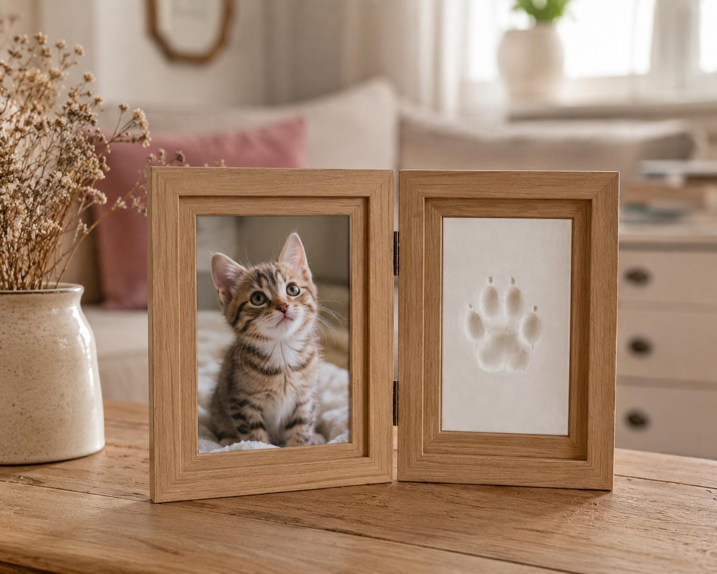 Cornice legno naturale con gatto